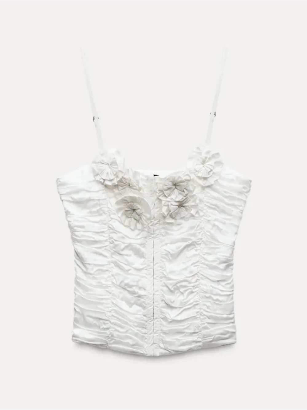 Zara White Ruched Floral-Trim Corset Tank Top